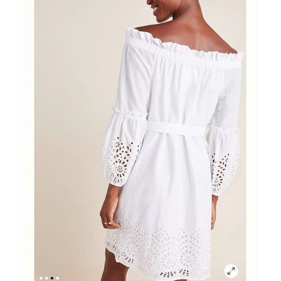 Anthropologie White Cotton Eyelet Lantern Sleeve Off-Shoulder Boho Dress Sz 12 - Picture 2 of 16